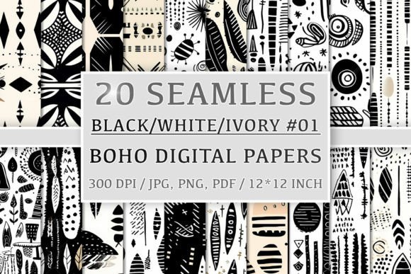 Download 20 Seamless Black White Ivory Boho Set 1 - Sea Collection